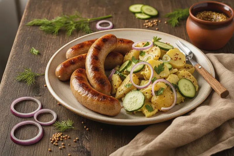 Bratwurst perunasalaatin kera