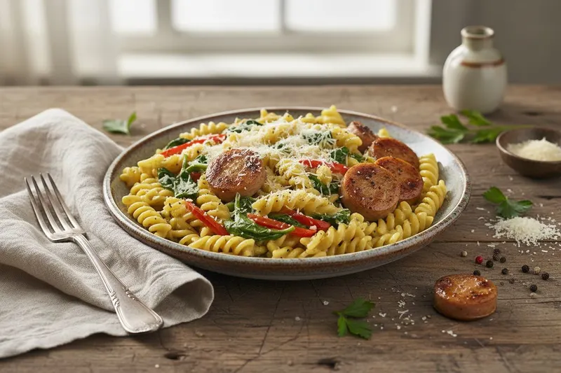 Kermainen pasta bratwurstilla ja pinaatilla